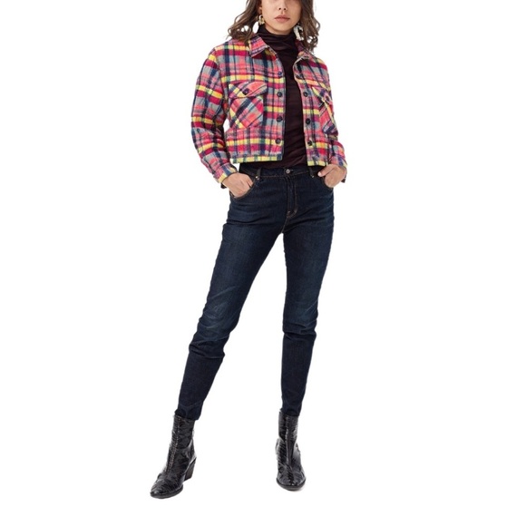 RD Style Boxy Plaid Cropped Shacket in Pink Size Small - Picture 3 of 8